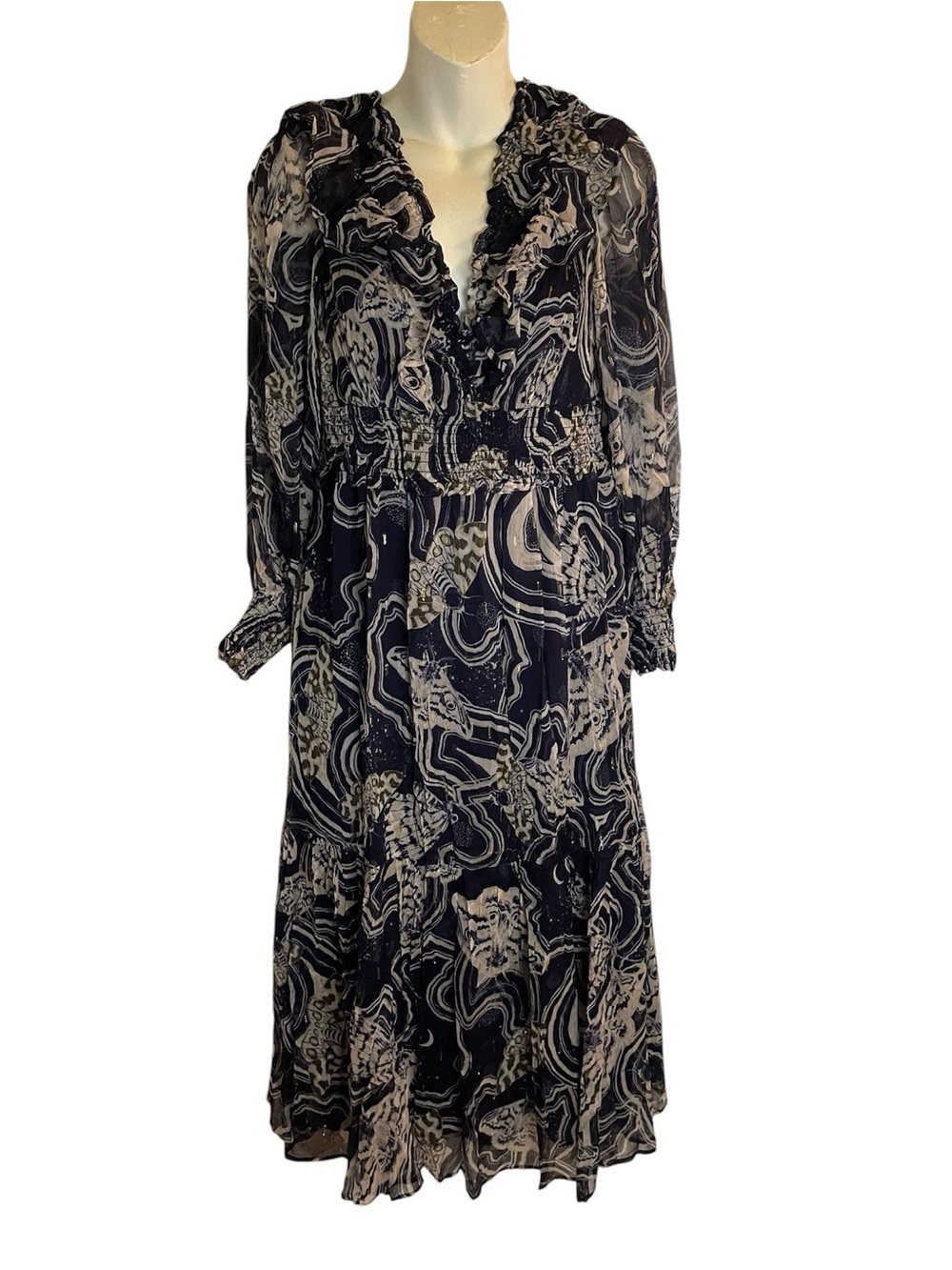 Anthropologie Printer Johnson Navy & Cream Long Sleeve Midi Dress Size M Petite
